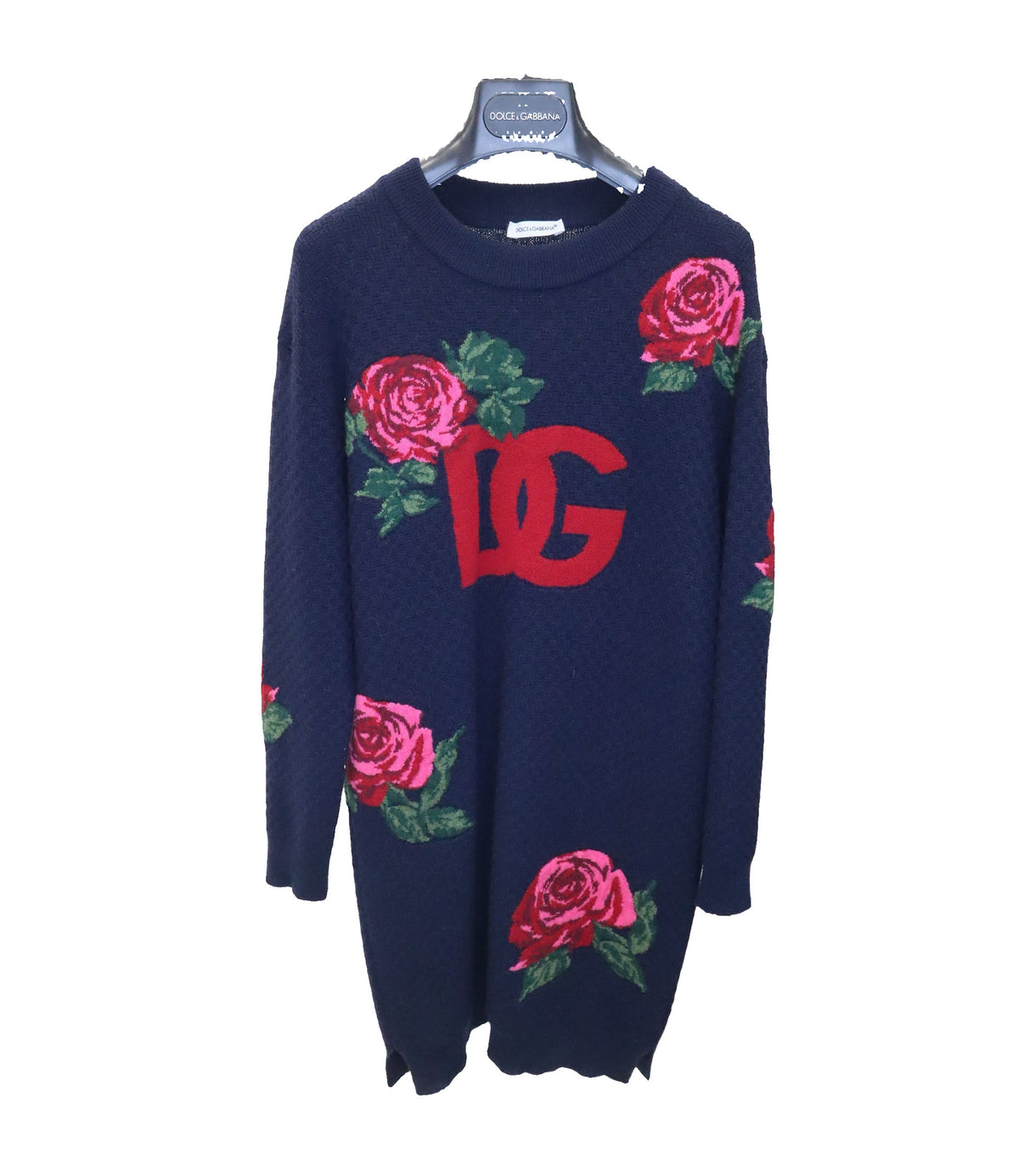 Dolce & Gabbana Strickkleid mit Rosenmuster und rotem Logo in Größe 6