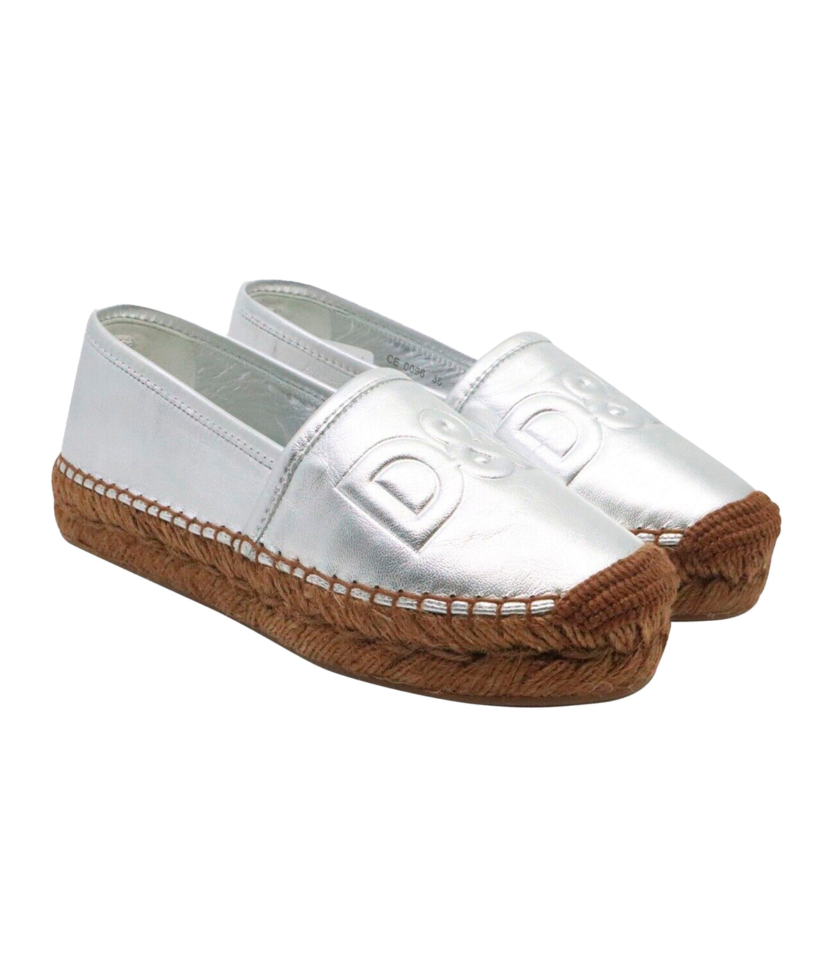 Dolce & Gabbana Espadrilles Größe 35 aus silberfarbenem Leder mit Bastsohle und geprägtem Logo