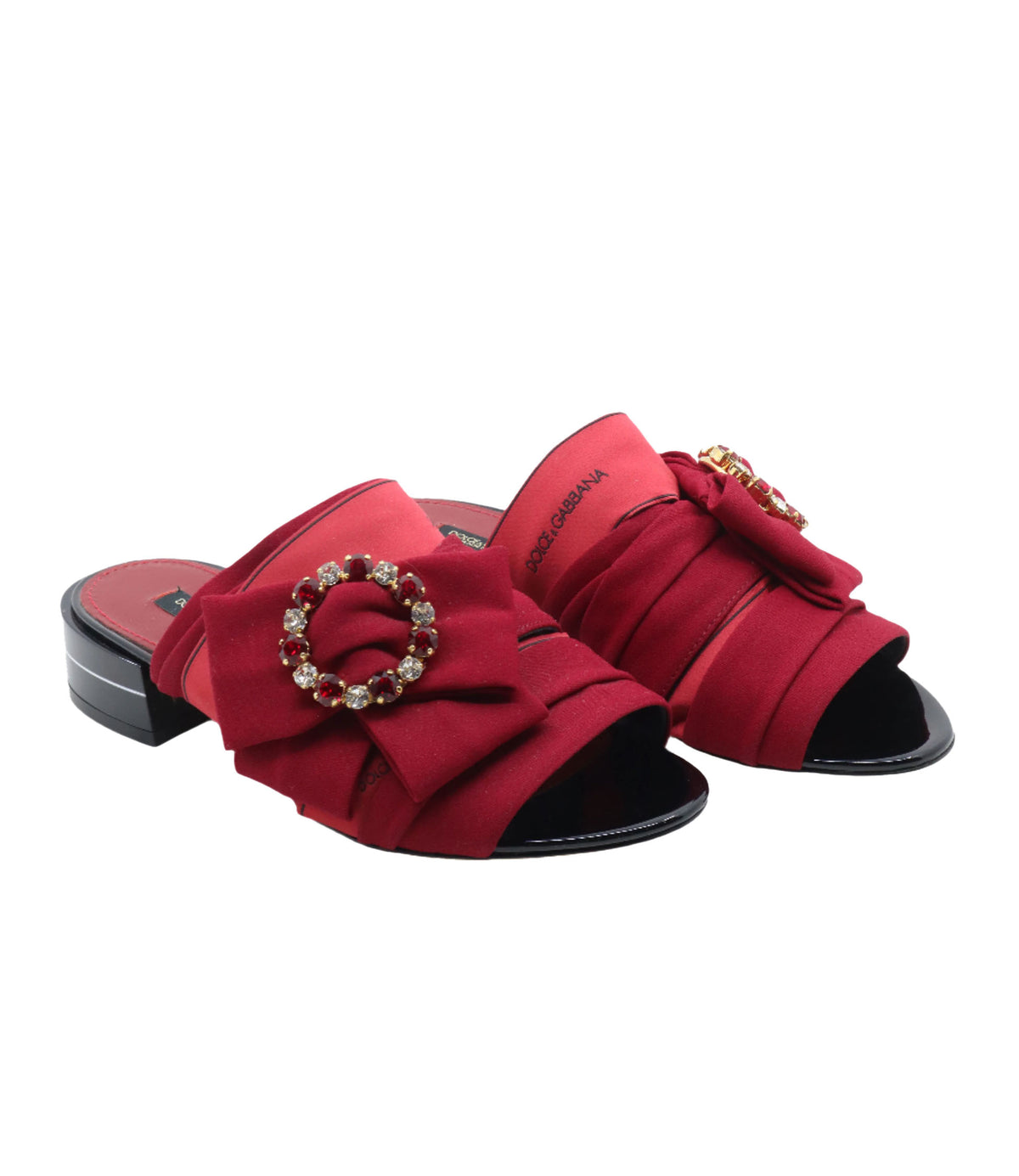 Rote Dolce & Gabbana Mules mit Schleife, Kristall-Schnalle und schwarzem Blockabsatz
