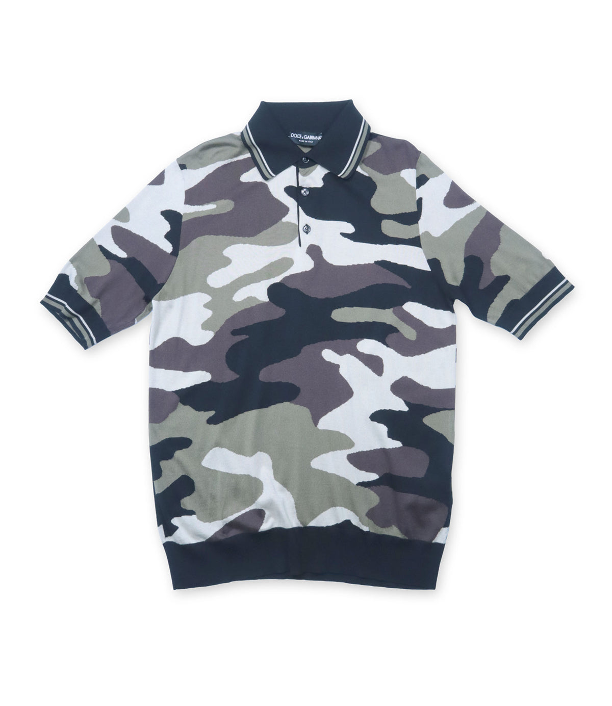 Dolce & Gabbana Poloshirt aus Seide mit Camouflage-Muster in Grau und Olivgrün Größe 50