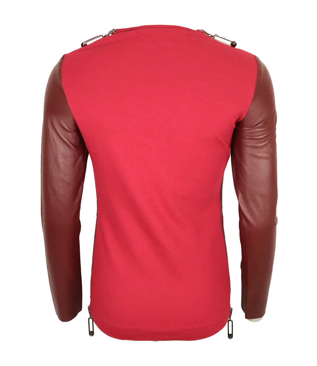 Philipp Plein Langarmshirt in Bordeaux mit Lederärmeln und Metallelementen, Größe S