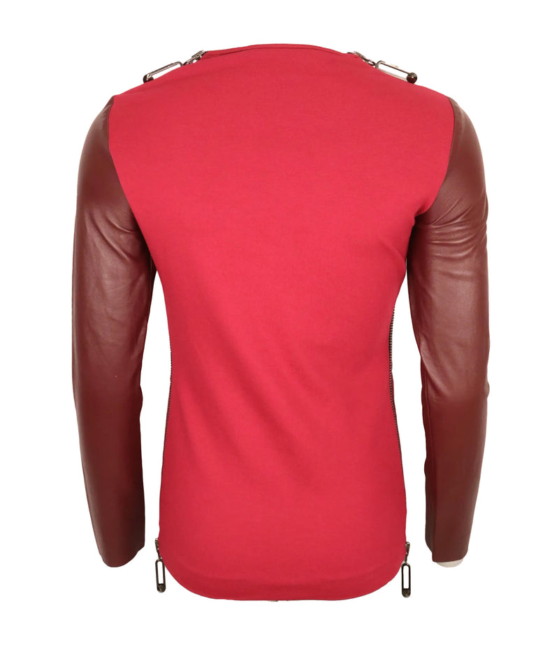 Philipp Plein Langarmshirt in Bordeaux mit Lederärmeln und Metallelementen, Größe S