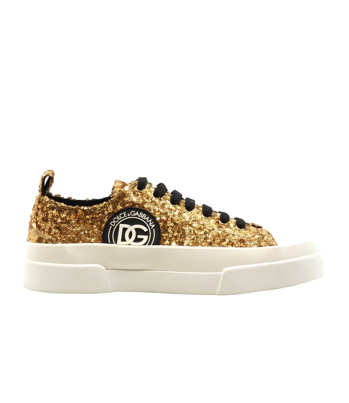 Dolce & Gabbana Sneaker mit goldenen Pailletten und weißer Sohle Größe 45