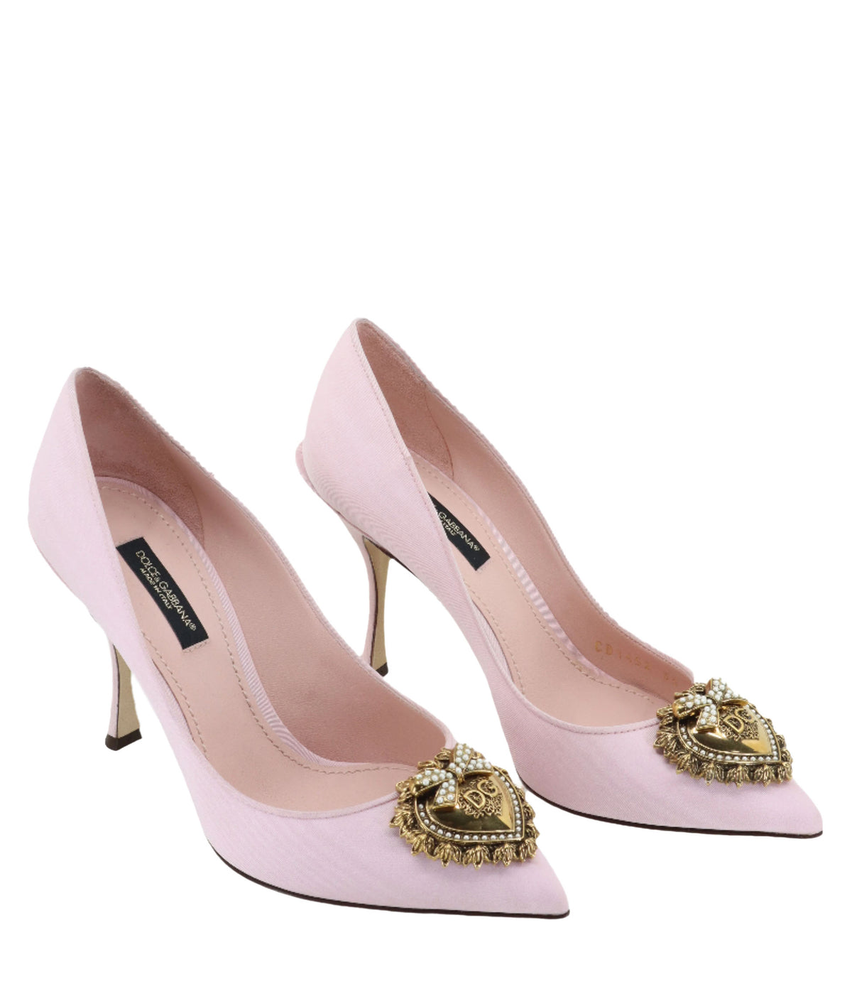 Rosa Dolce & Gabbana Pumps mit goldfarbener Herzapplikation und geschwungenem Absatz