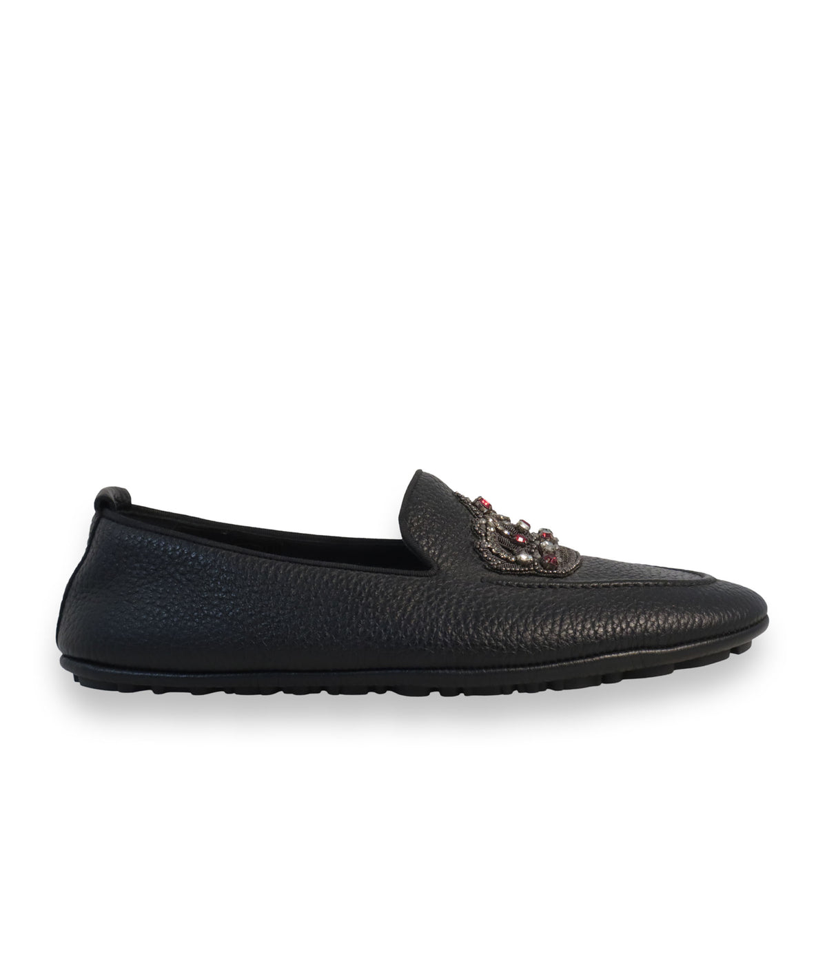 Dolce & Gabbana Loafer Größe 40,5 aus schwarzem genarbtem Leder mit Kronen-Applikation und Schmucksteinen.