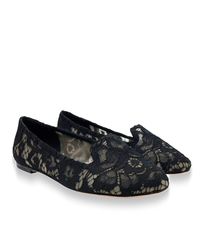 Dolce & Gabbana Slipper Größe 35 aus schwarzer floraler Spitze mit flacher Sohle