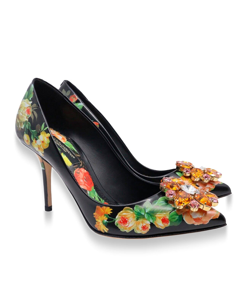 Dolce & Gabbana High Heels Größe 35 in Schwarz mit Blumenprint und Kristallschmuck auf der Spitze
