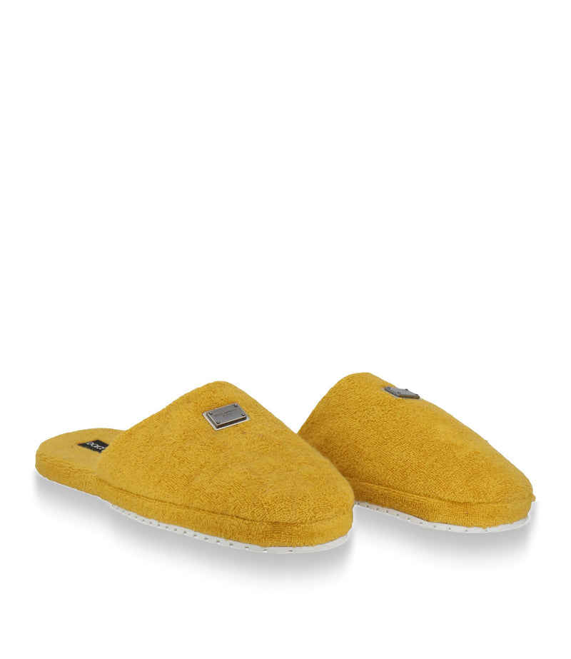 Dolce & Gabbana Pantoletten Größe 44 gelbe Designer Slipper aus Frottee mit Logo-Plakette
