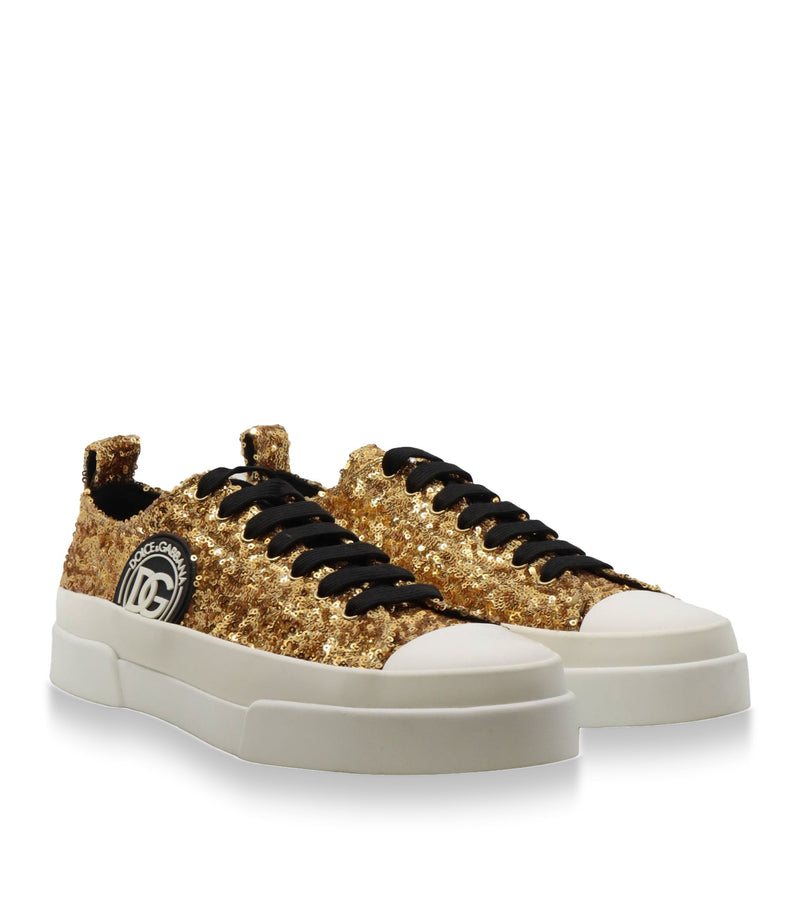 Dolce & Gabbana Sneaker mit goldenen Pailletten und weißer Sohle Größe 45