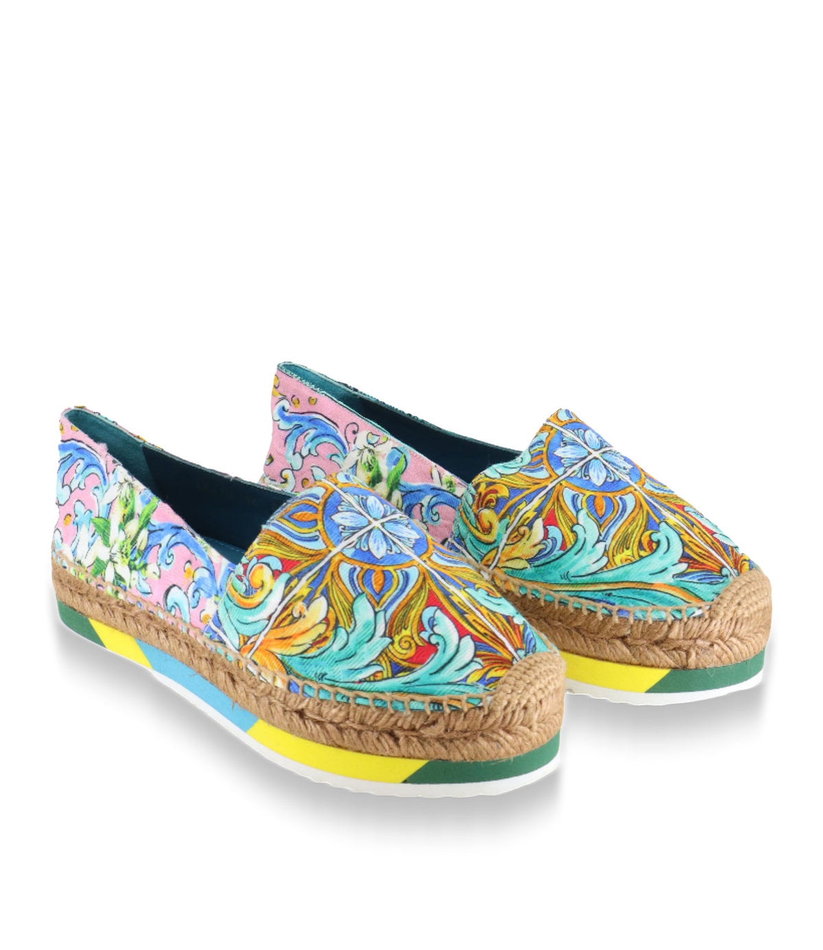 Bunte Dolce & Gabbana Espadrilles mit Majolika-Muster, Bastsohle und farbiger Gummisohle