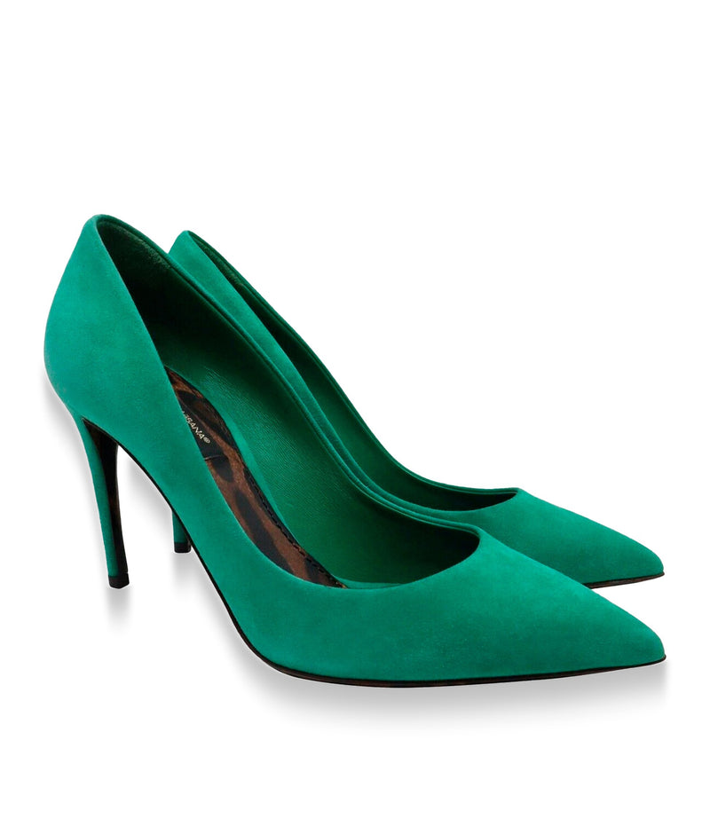 Dolce & Gabbana High Heels Größe 36,5 aus grünem Veloursleder mit spitzer Form und Stiletto-Absatz