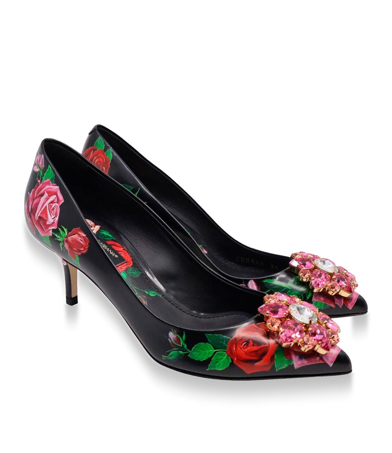 Dolce & Gabbana Pumps Größe 35 in Schwarz mit Rosenmuster und pinkem Schmuckelement