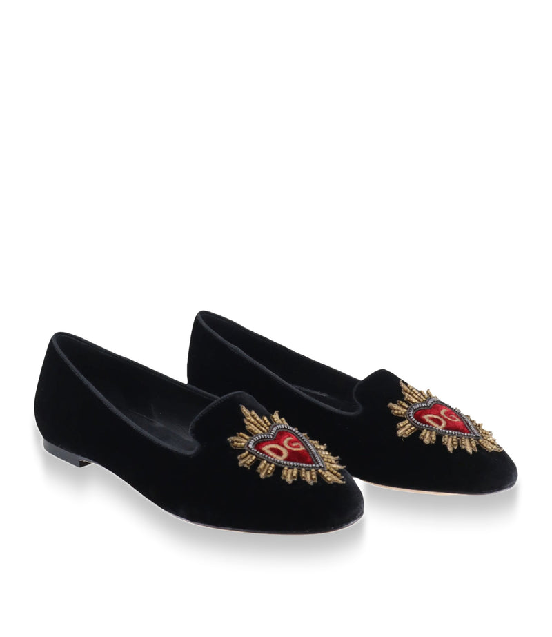 Schwarzer Dolce & Gabbana Loafer aus Samt mit gold-roter Stickerei auf dem Vorderblatt