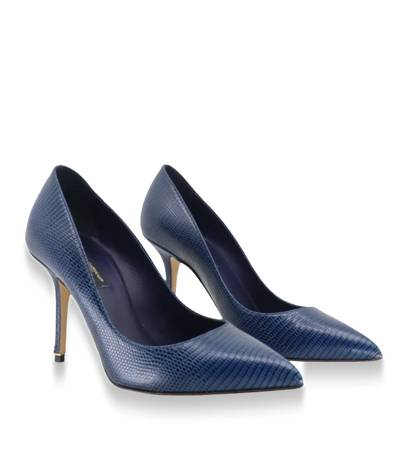 Dunkelblaue Dolce & Gabbana Pumps mit Reptilprägung und spitzer Form Größe 36