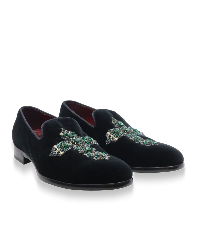 Dolce & Gabbana Herren-Loafer aus schwarzem Samt mit grünem Kristallbesatz Größe 41