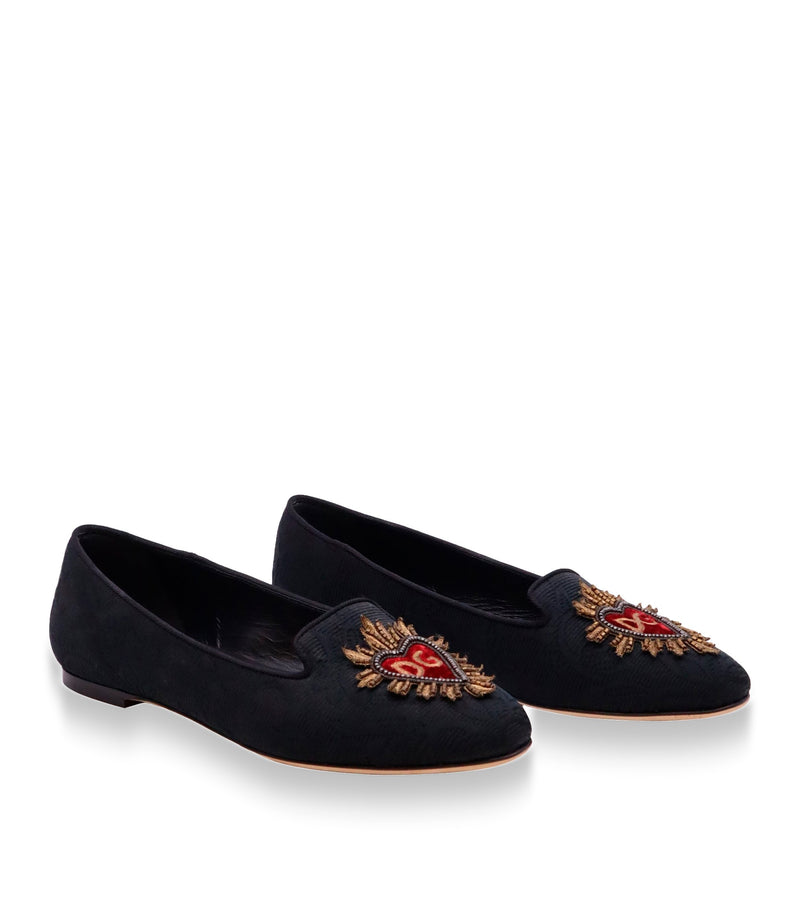Dolce & Gabbana Slipper Größe 36,5 in Schwarz mit besticktem Jacquard und flacher Ledersohle
