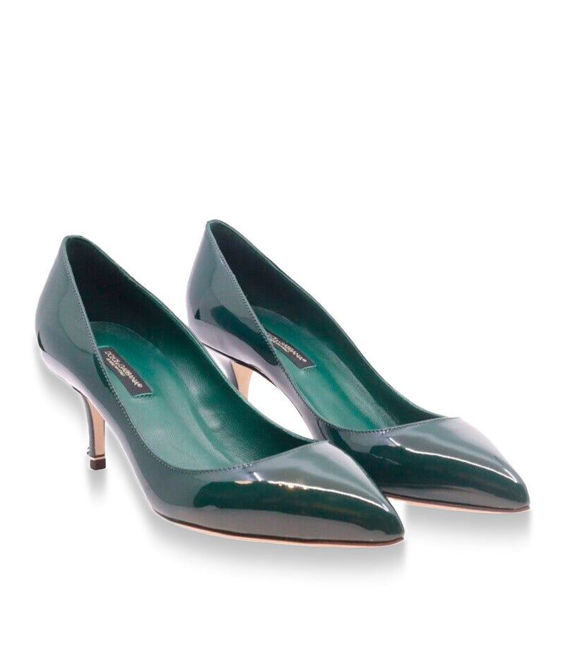 Dolce & Gabbana Pumps aus dunkelgrünem Lackleder mit Kitten Heel – Größe 35,5