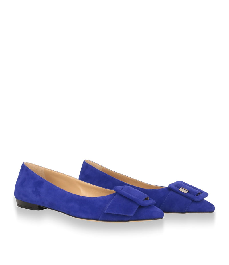 Sergio Rossi Ballerinas aus royalblauem Veloursleder mit spitzer Form und dekorativer Schließe Größe 37