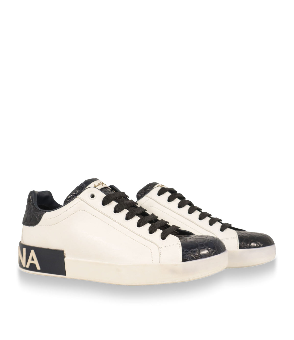 Dolce & Gabbana Sneaker Größe 39 in Weiß und Schwarz mit Kroko-Prägung aus Leder und Logo-Sohle.