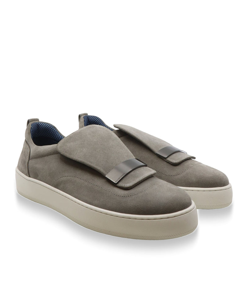 Sergio Rossi Sneaker in Taupe aus Veloursleder mit weißer Sohle und breitem Klettverschluss, Größe 46