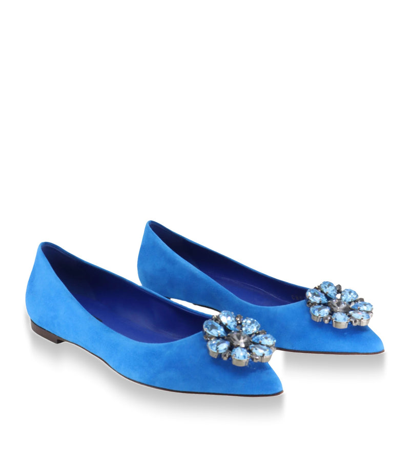 Royalblaue Dolce & Gabbana Ballerinas mit Kristallverzierung aus Veloursleder