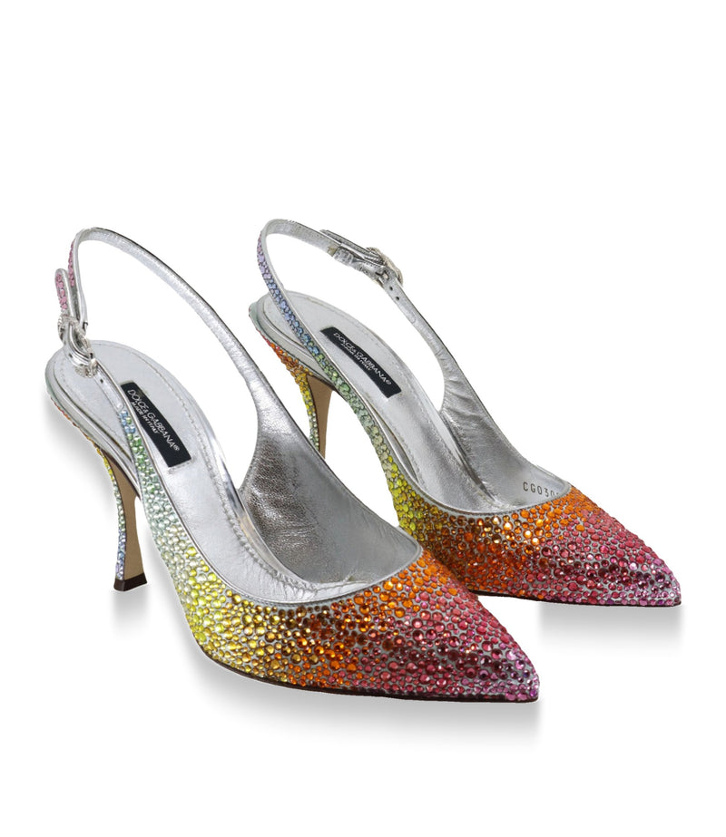 Dolce & Gabbana Slingback Pumps mit Kristallverlauf in Regenbogenfarben und silbernem Innenleder