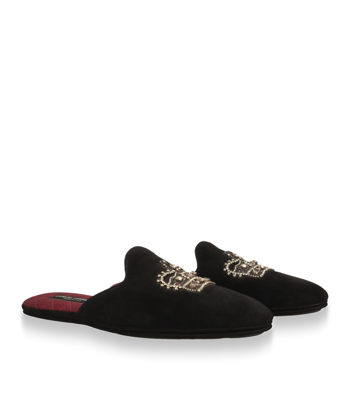 Dolce & Gabbana Pantoletten Größe 41 aus schwarzem Samt mit Kronen-Applikation und bordeauxroter Innensohle im Dolce & Gabbana Sale.