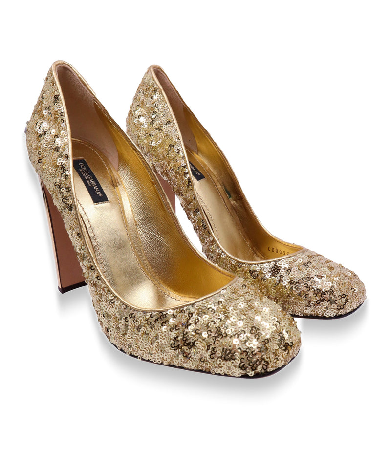 Dolce & Gabbana High Heels Größe 40,5 in Gold mit Paillettenbesatz und verziertem Blockabsatz