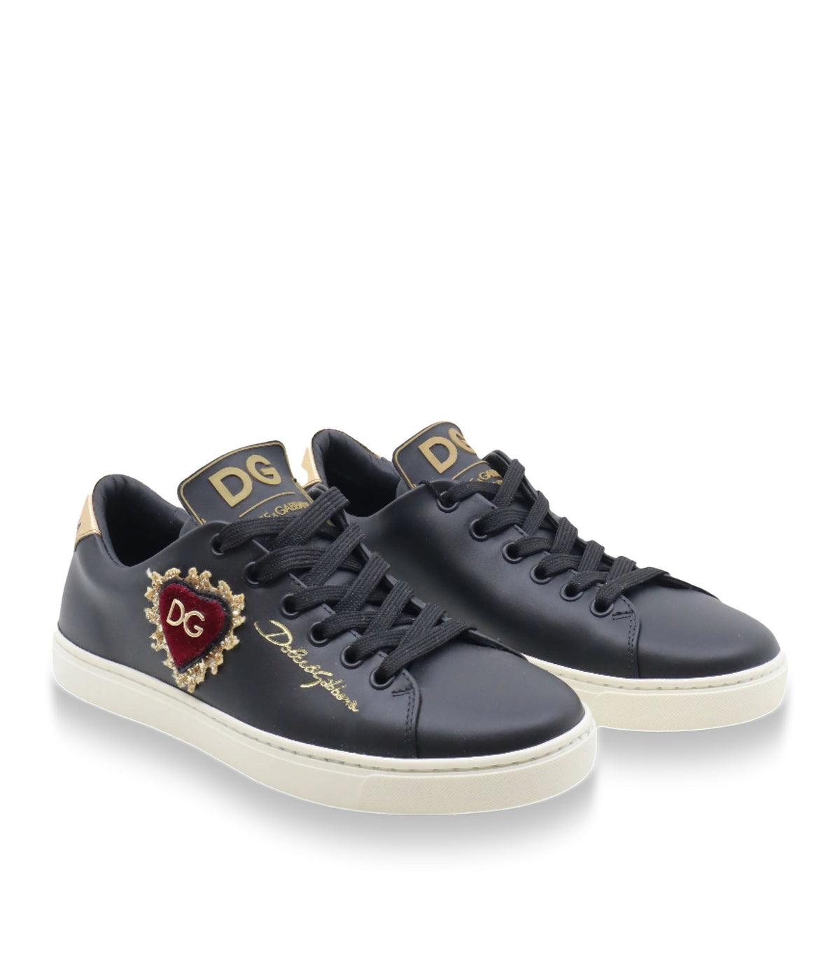 Schwarzer Dolce & Gabbana Sneaker mit Herz-Patch, Goldstickerei und weißer Sohle