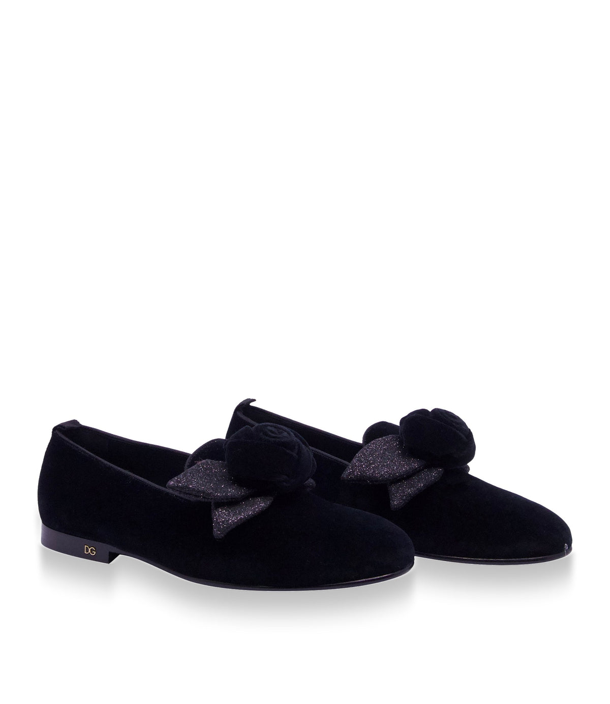 Dolce & Gabbana Slipper aus schwarzem Samt mit Rosendetail und flacher Sohle Größe 38