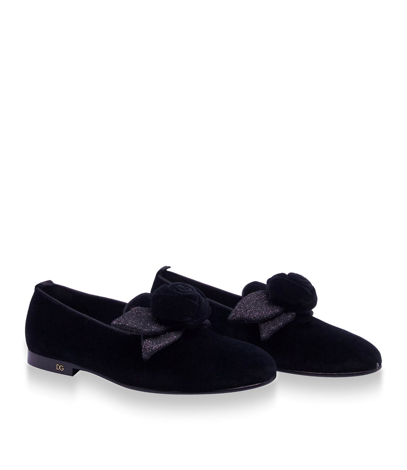 Dolce & Gabbana Slipper aus schwarzem Samt mit Rosendetail und flacher Sohle Größe 38