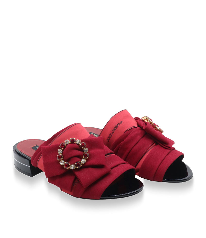 Rote Dolce & Gabbana Mules mit Schleife, Kristall-Schnalle und schwarzem Blockabsatz