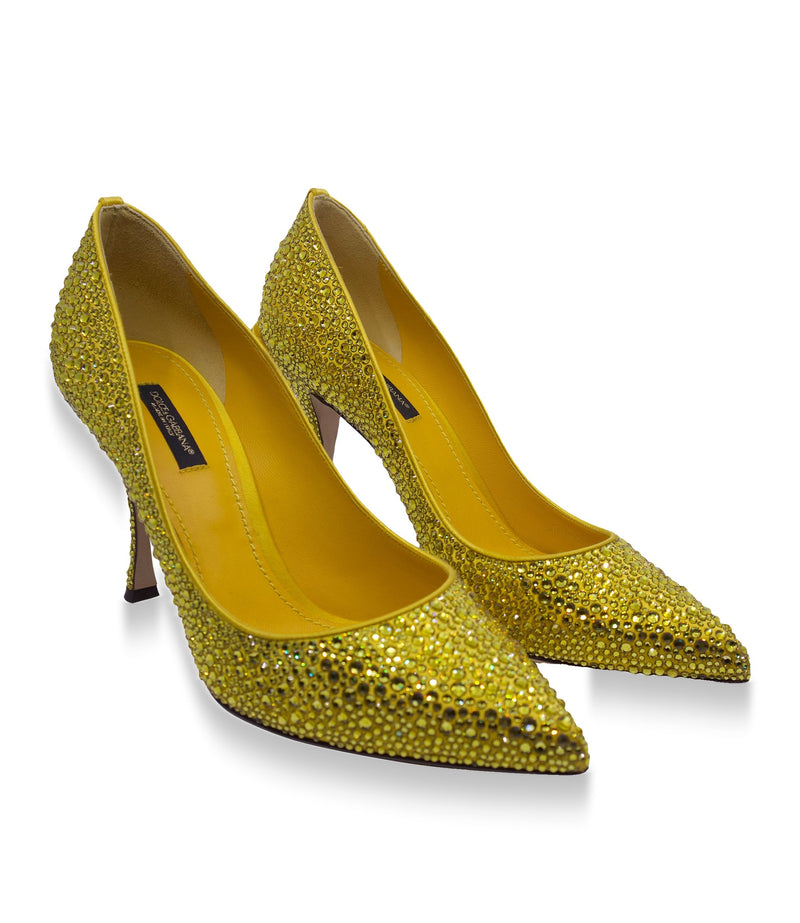 Gelbe Dolce & Gabbana High Heels mit Kristallbesatz und geschwungenem Absatz Größe 38,5