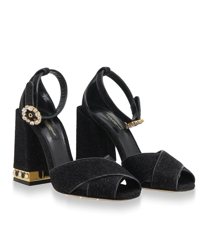 Schwarze Dolce & Gabbana High Heels mit Blockabsatz, Glitzerfinish und goldener Verzierung