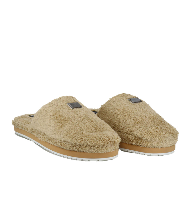 Dolce & Gabbana Pantoletten Größe 43 beige Designer Slipper aus Frottee mit Logo-Plakette