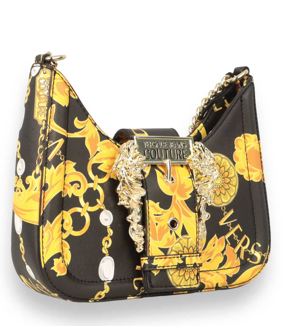 Versace Jeans Couture Handtasche Schwarz Gold mit Barock Print und goldener Kette