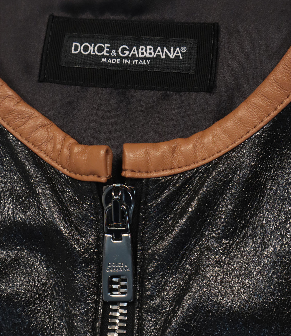 Dolce & Gabbana Lederjacke aus schwarzem Lammleder mit Color-Blocking in Cremeweiß und Cognacbraun Größe IT 48