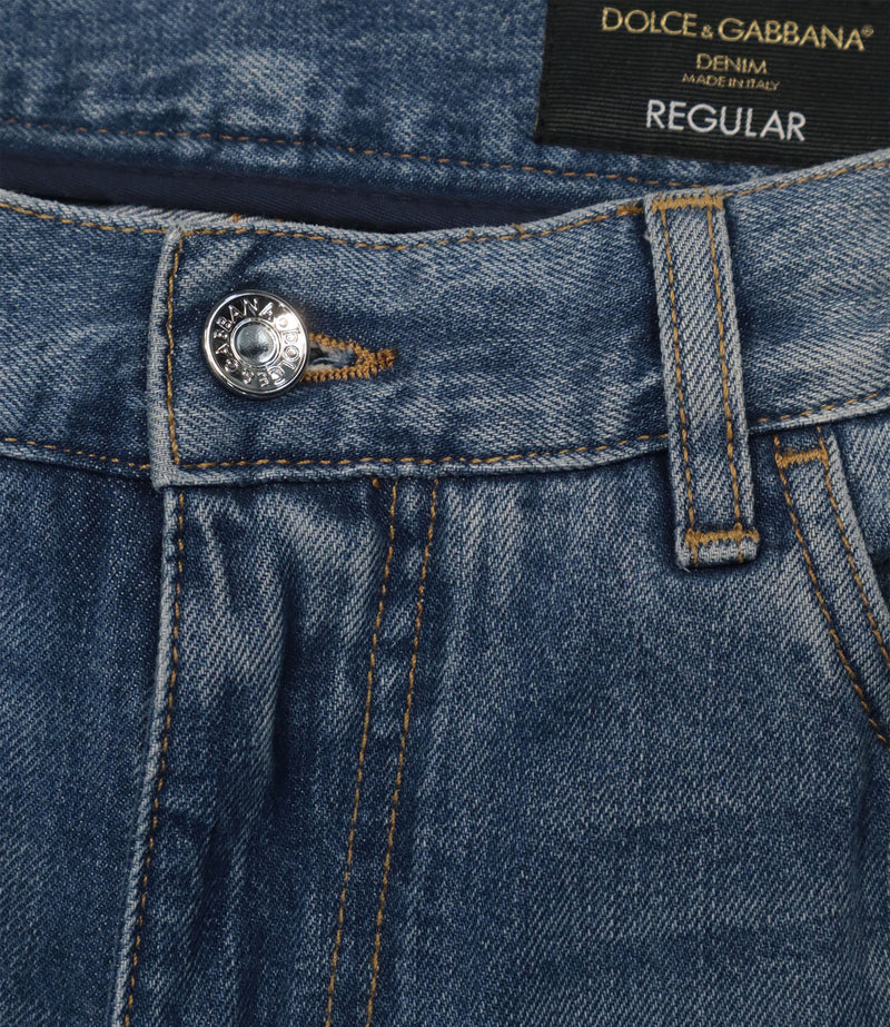 Dolce & Gabbana Jeans Größe IT 50 in hellblauem Used-Denim mit Destroyed-Details und Regular Fit aus Italien.