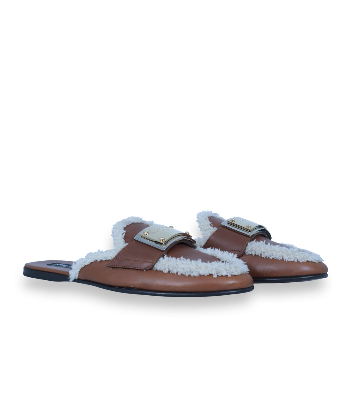 Dolce & Gabbana Pantoletten braun Leder Lammfell Größe 44