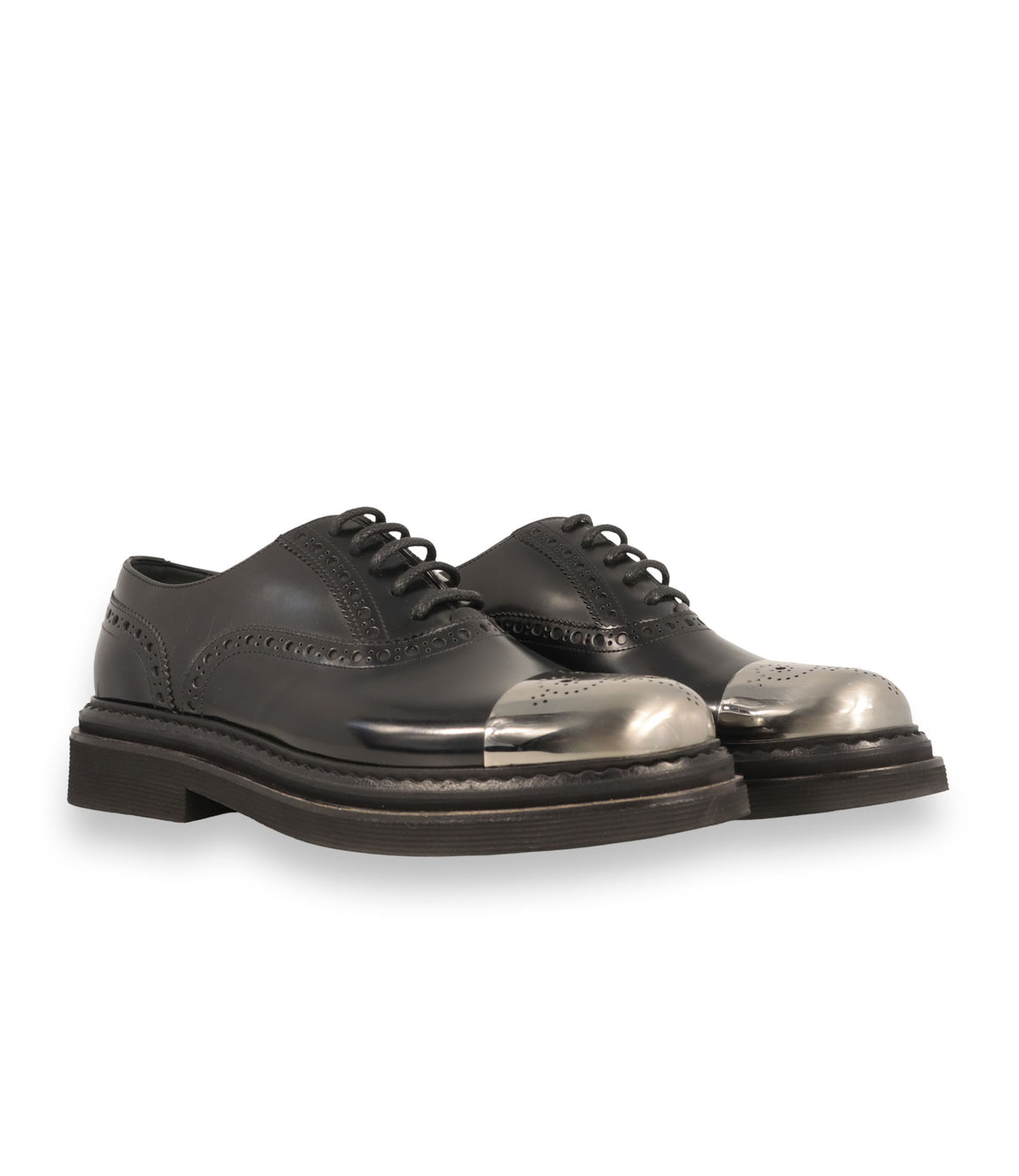Dolce & Gabbana Schnürschuhe Größe 41,5 aus schwarzem Leder mit silberner Metallkappe und Brogue-Details.