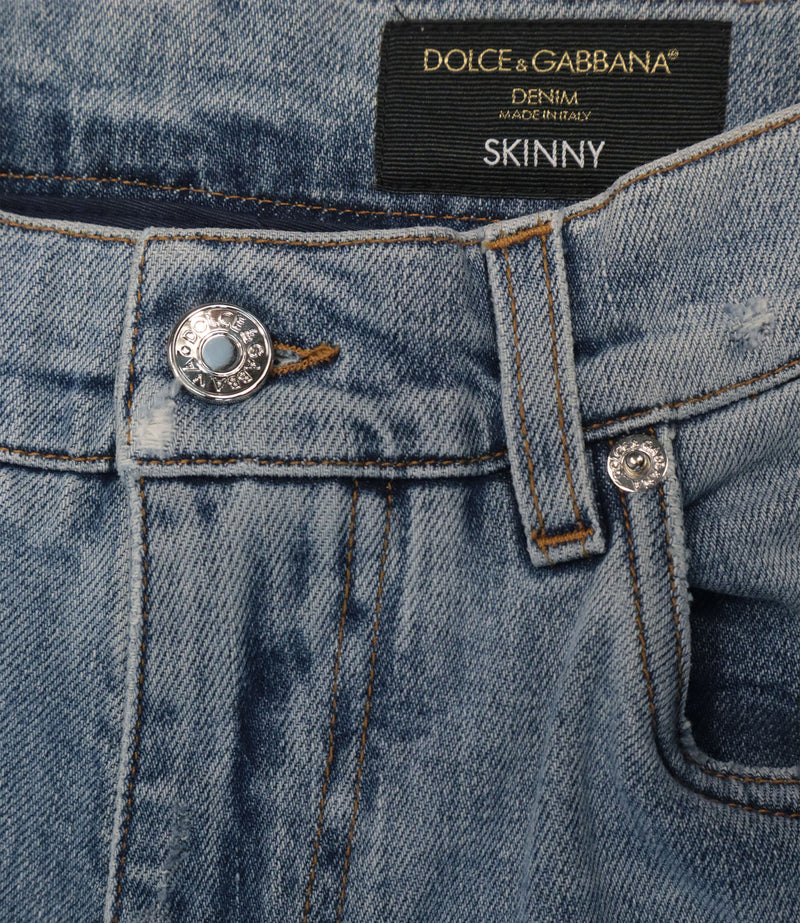 Dolce & Gabbana Skinny Jeans IT 46 aus hellblauem Denim mit Used-Details und italienischer Verarbeitung.