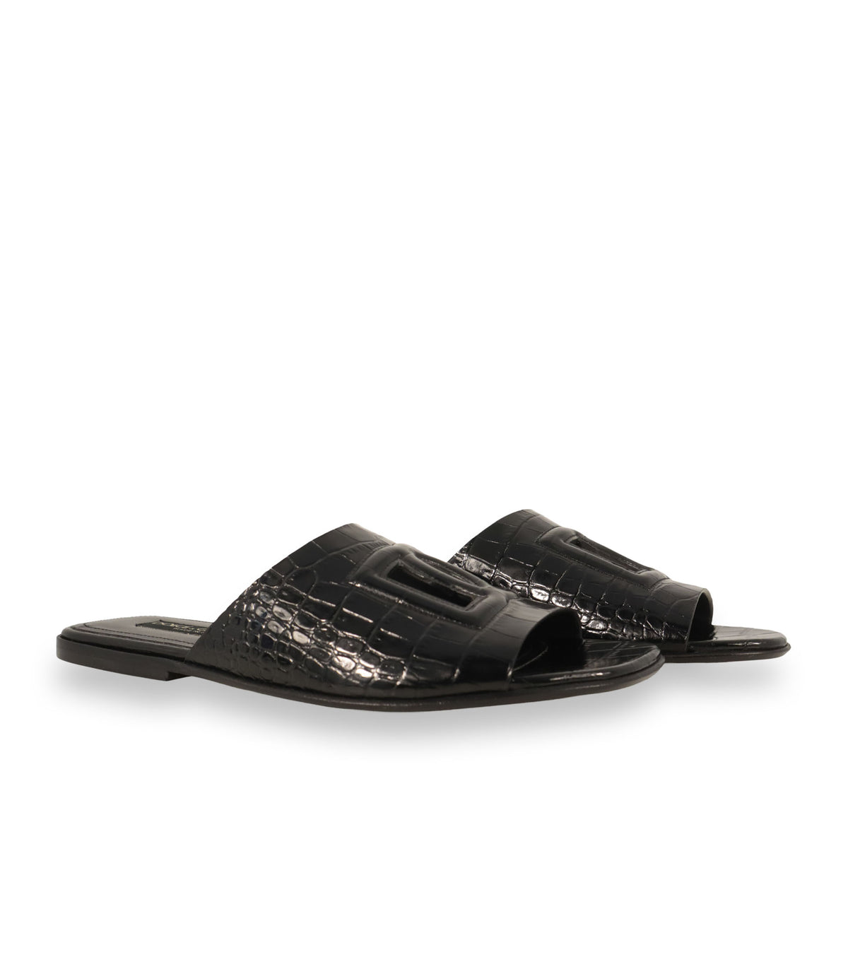 Dolce & Gabbana Pantoletten Größe 39 in Schwarz mit Kroko-Prägung und Logo-Applikation aus Leder.