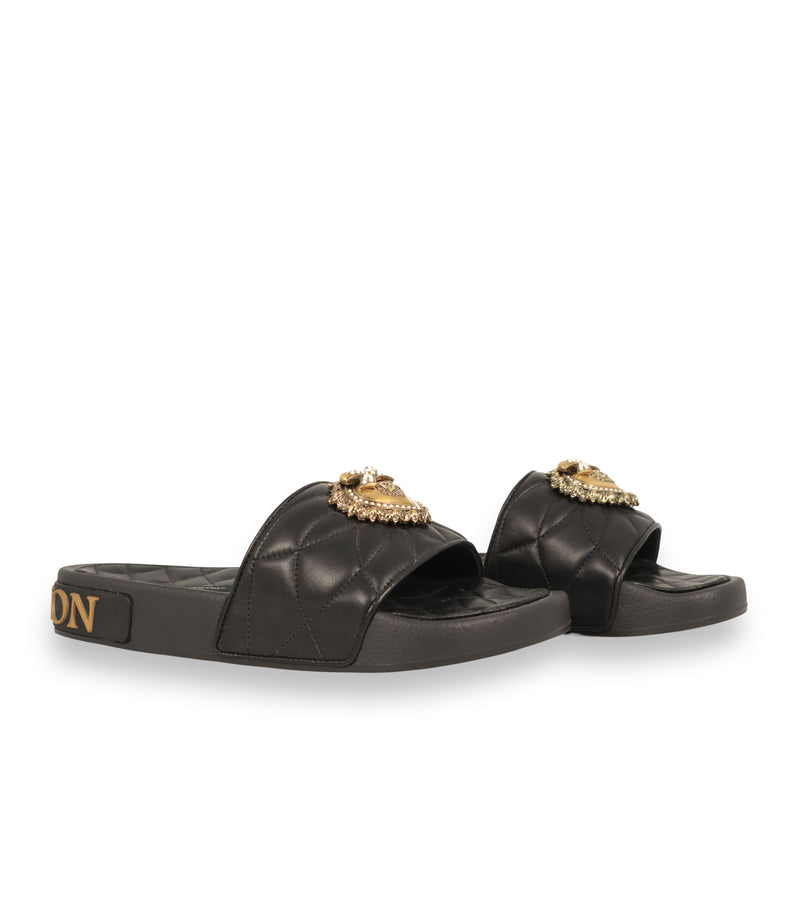 Dolce & Gabbana Sandalen schwarz Leder gesteppte Slides Gold Logo