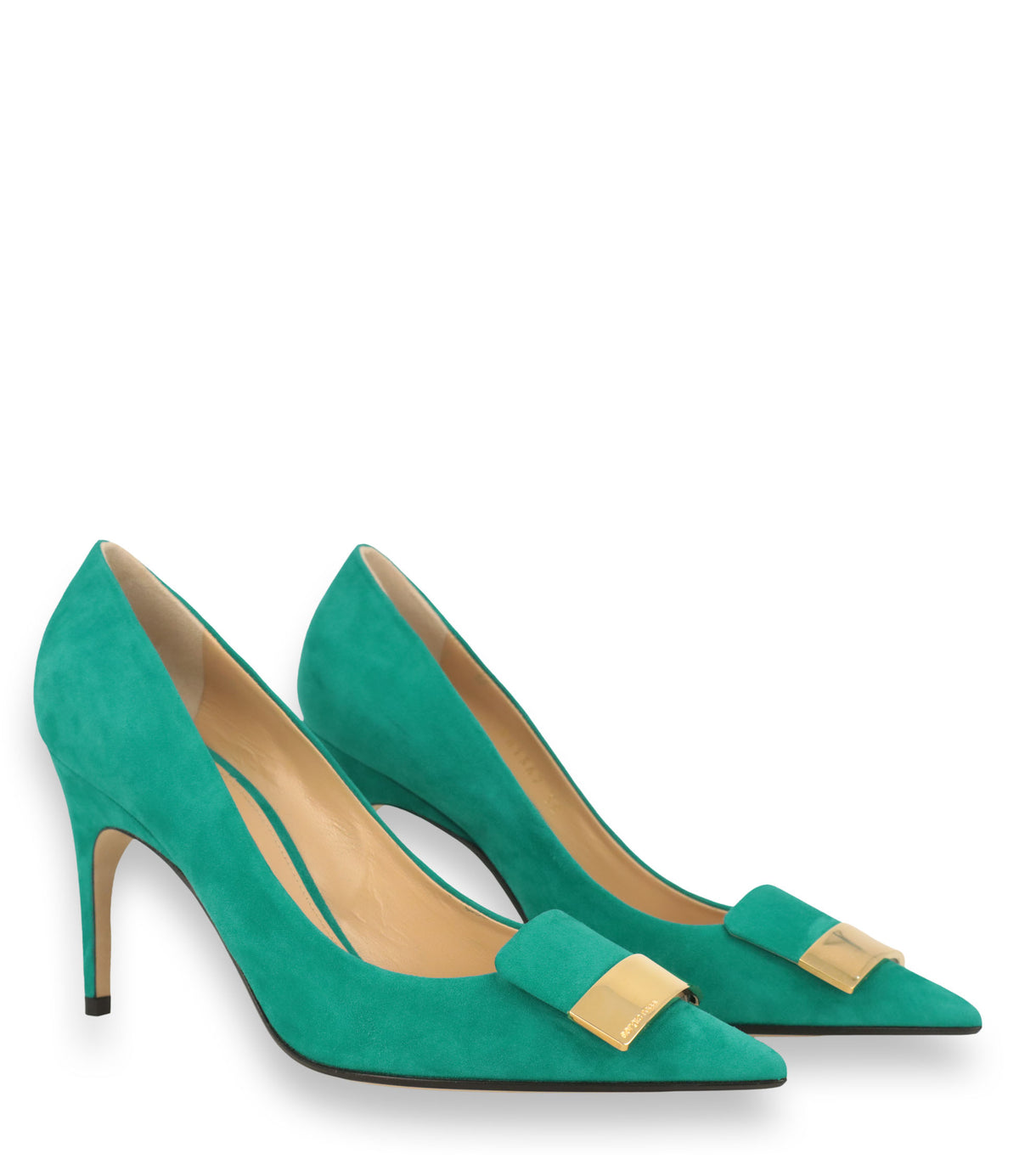 Sergio Rossi Pumps Größe 38 aus türkisgrünem Veloursleder mit goldenem Detail