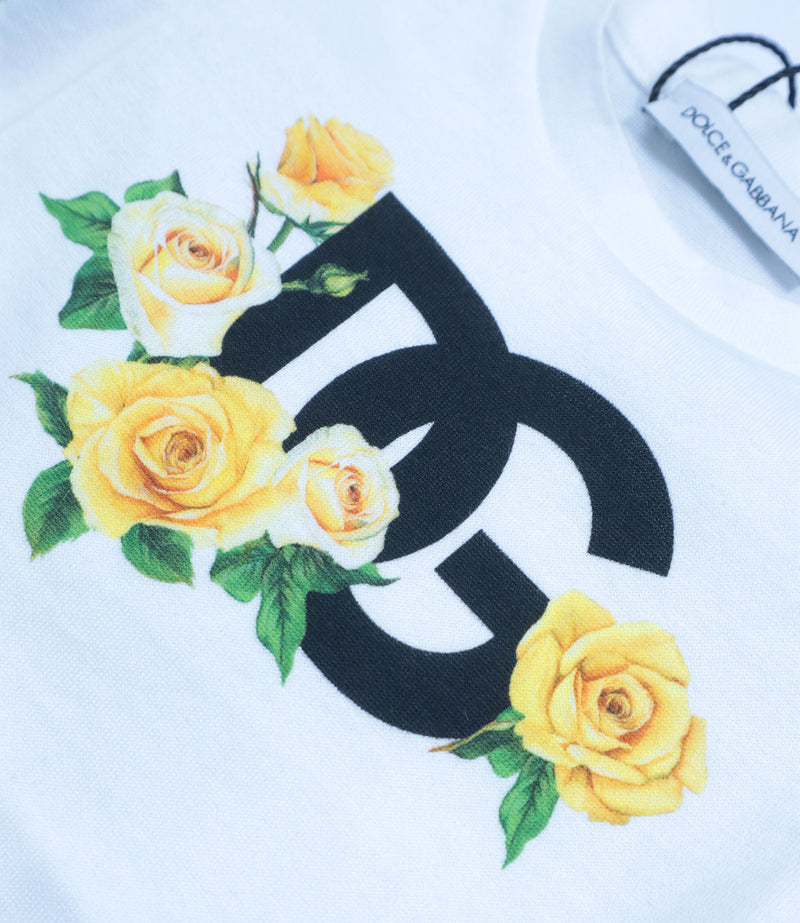 Dolce & Gabbana Baby T-Shirt weiß mit gelben Rosen und DG Logo aus Baumwolle