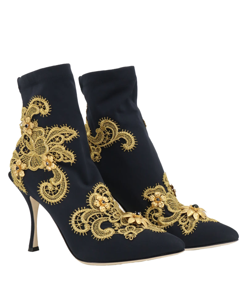 Dolce & Gabbana Stiefeletten Größe 36,5 in Dunkelblau mit goldenen Spitzenapplikationen