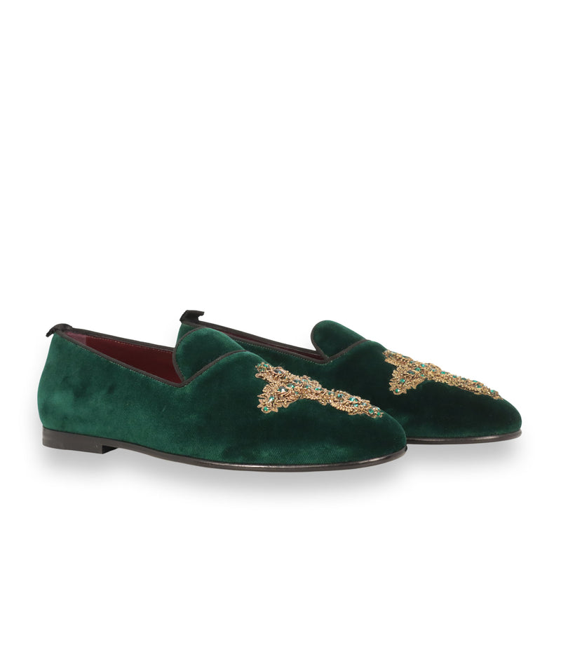 Dolce & Gabbana Loafer grün Samt goldene Verzierung Größe 40