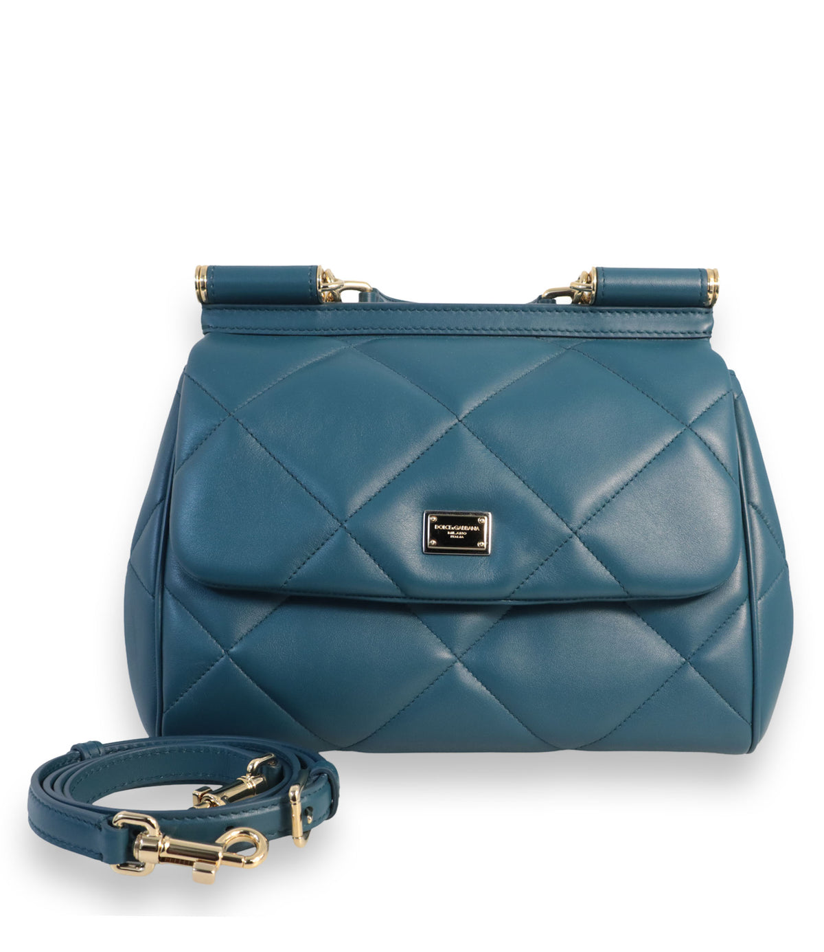 Dolce & Gabbana Sicily Handtasche Petrol aus gestepptem Leder mit goldfarbenen Details und abnehmbarem Schulterriemen.
