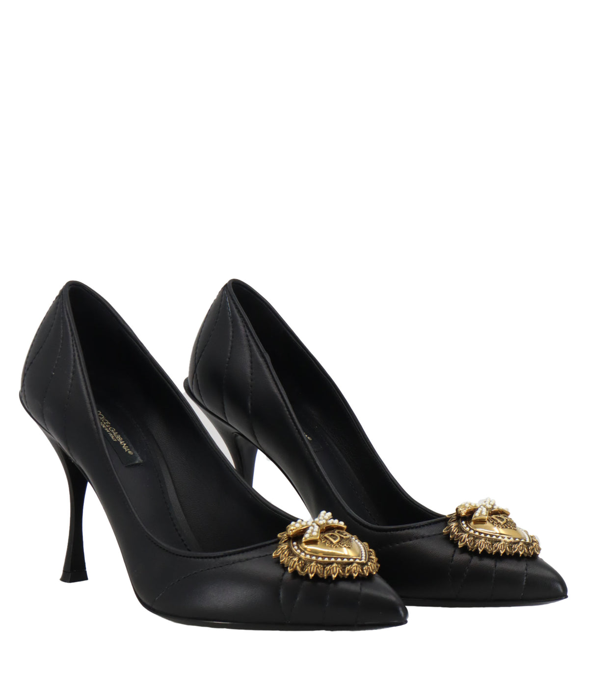 Dolce & Gabbana Pumps Größe 37 aus schwarzem Leder mit goldener Schmuckapplikation und Stiletto-Absatz.