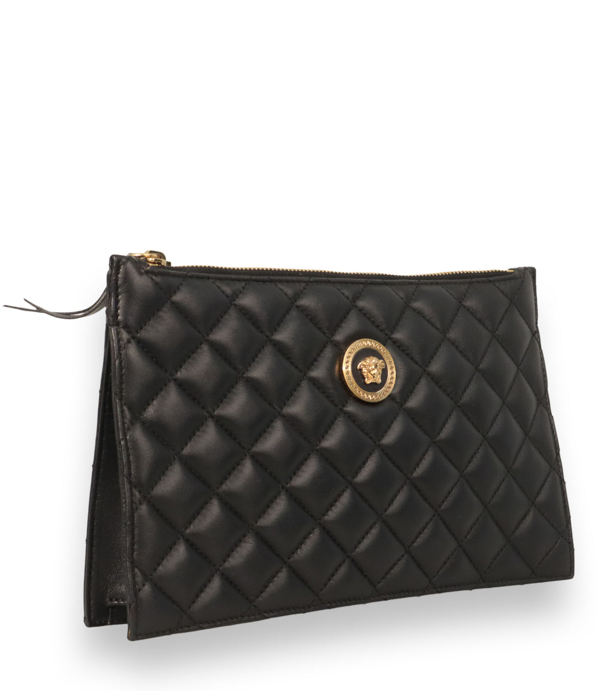 Versace Pochette aus gestepptem schwarzem Leder mit goldener Medusa-Applikation